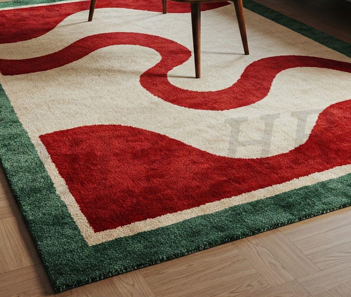 Hand-Tufted Wool Rug: Retro Verdant Wave Design, Boho Home Decor