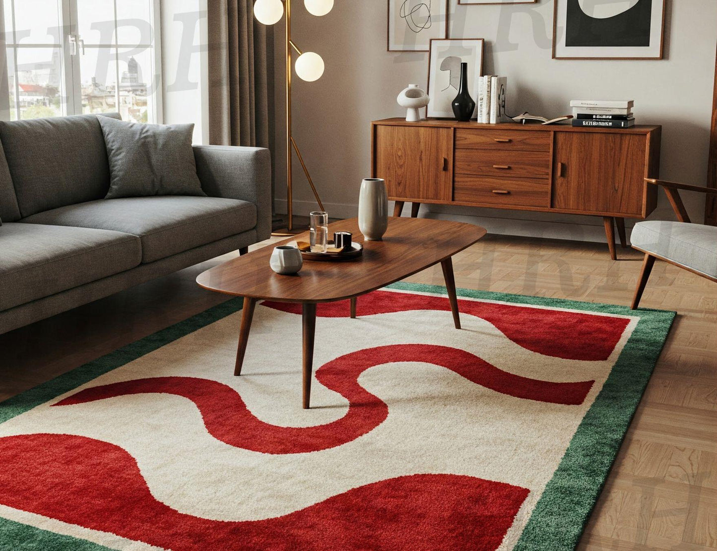 Hand-Tufted Wool Rug: Retro Verdant Wave Design, Boho Home Decor