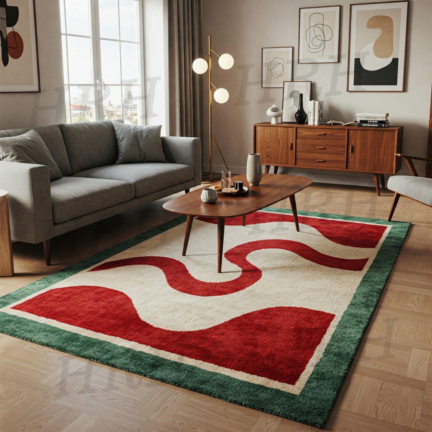 Hand-Tufted Wool Rug: Retro Verdant Wave Design, Boho Home Decor