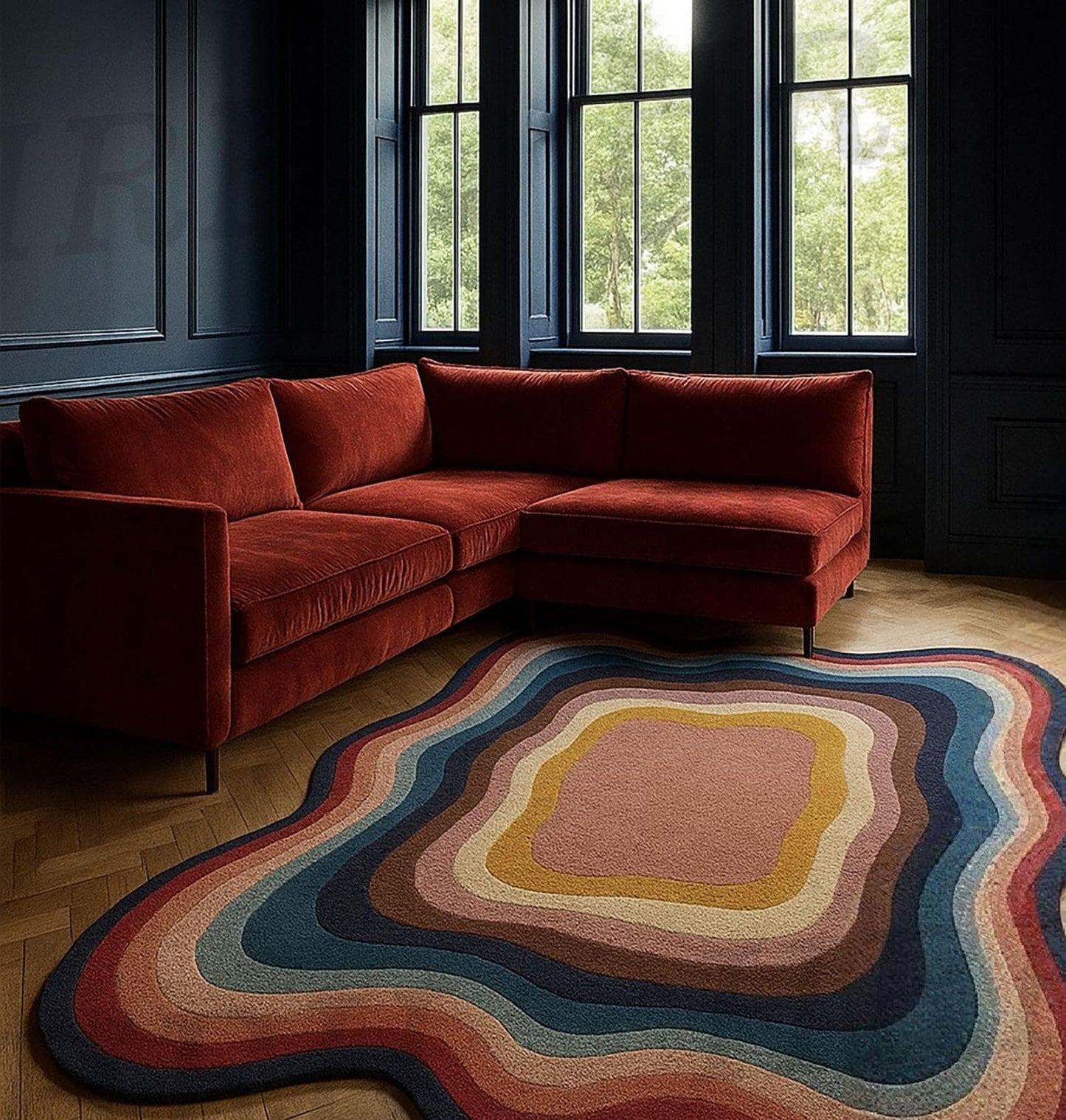 Hand-Tufted Wool Rug: Retro 70s Ripple Design, Multicolor Accent Rug