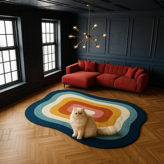 Hand Tufted Wool Retro Wave Design, Multicolor Organic Shapes, Vintage Modern Area Rug, Handmade