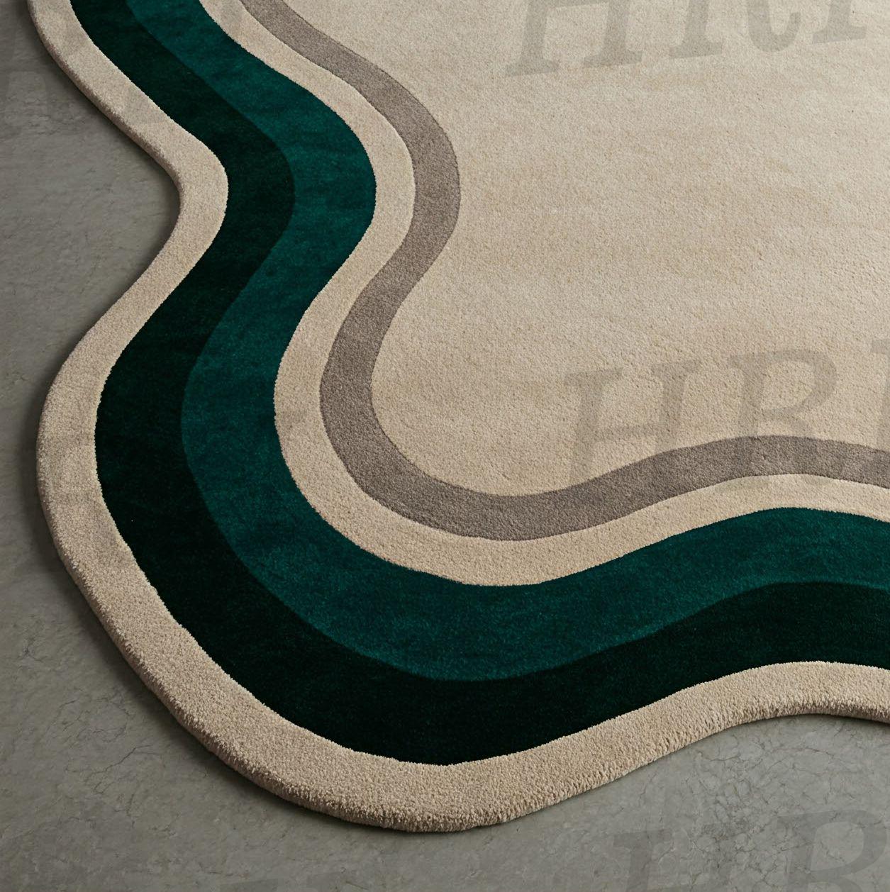Retro Wave Wool Rug - Soft Plush Pile in Cream and Aqua Colors