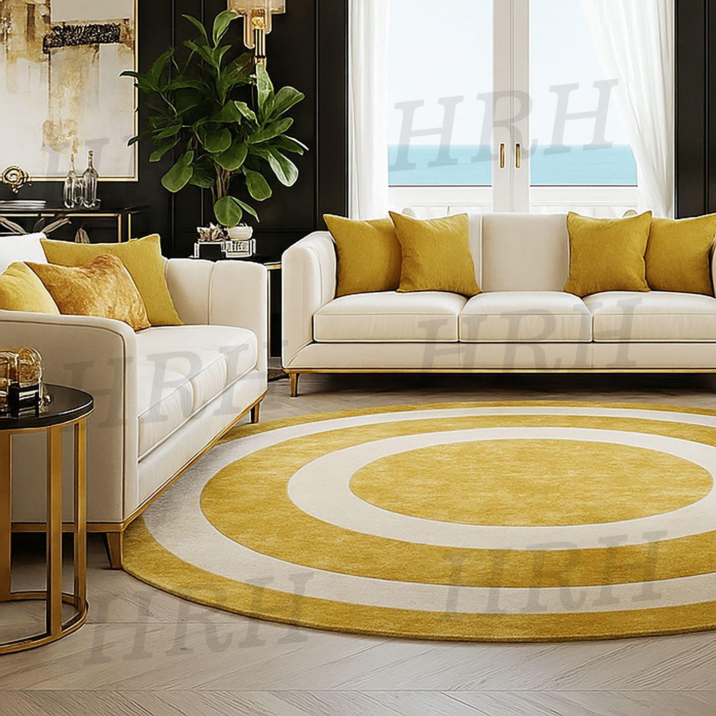 Hand-Tufted Wool Area Rug: Radiant Sunrise Gold, Modern Round Carpet