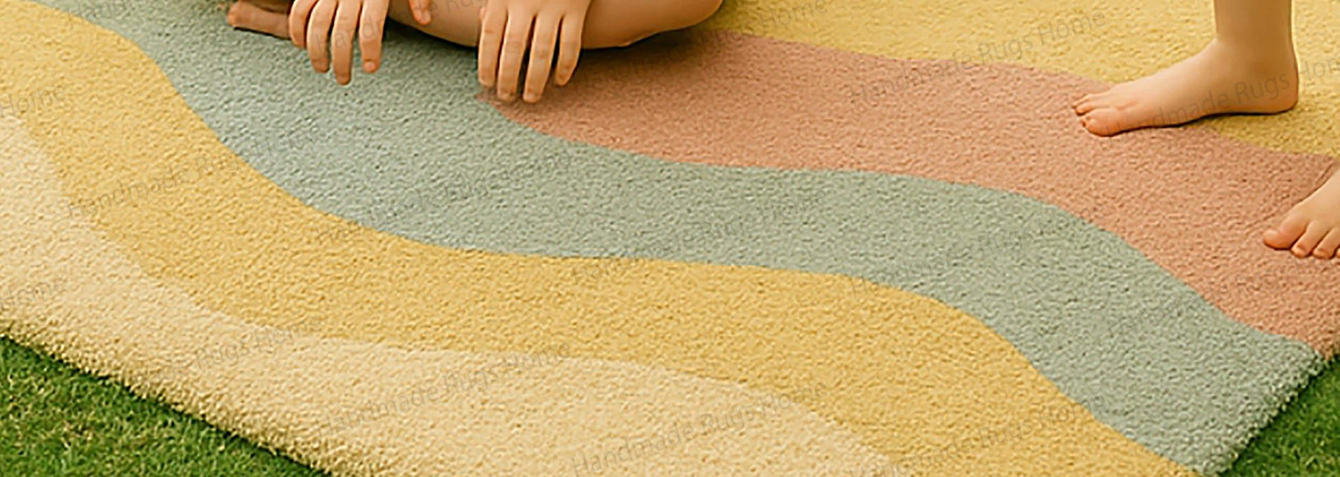 Warm, earth-tone rug outdoors with children and a dog in a modern garden.