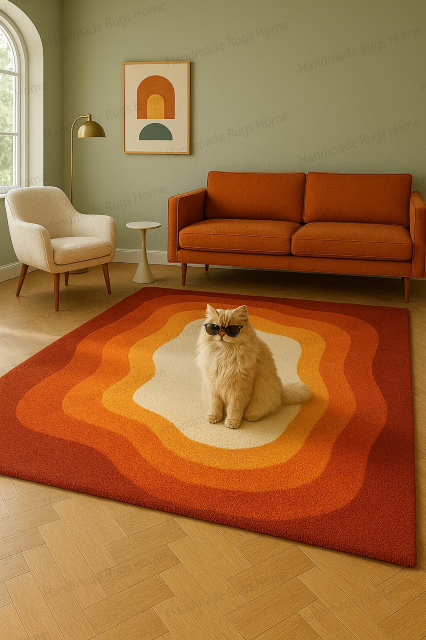 Hand Tufted Wool Rug: Retro Sunset Gradient, Mid-Century Modern Style