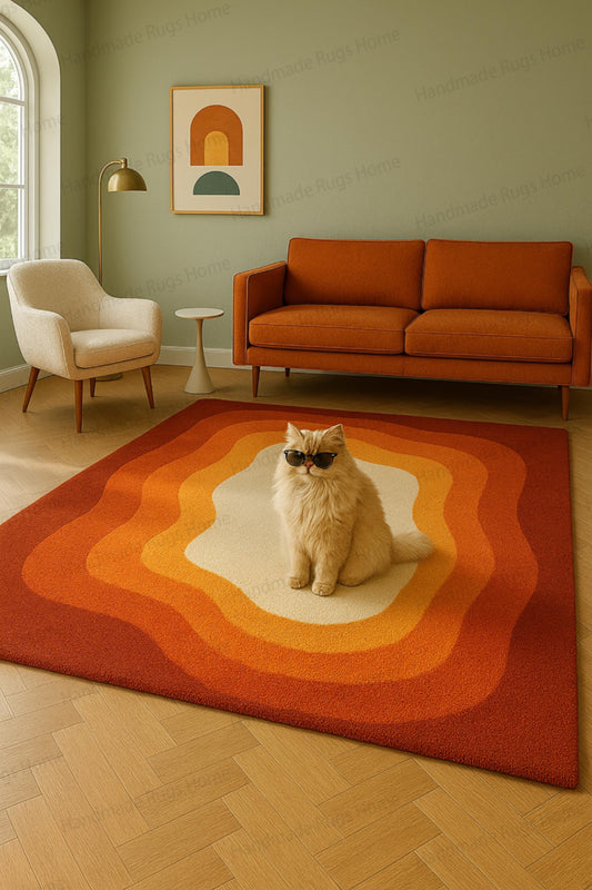 Hand Tufted Wool Rug: Retro Sunset Gradient, Mid-Century Modern Style