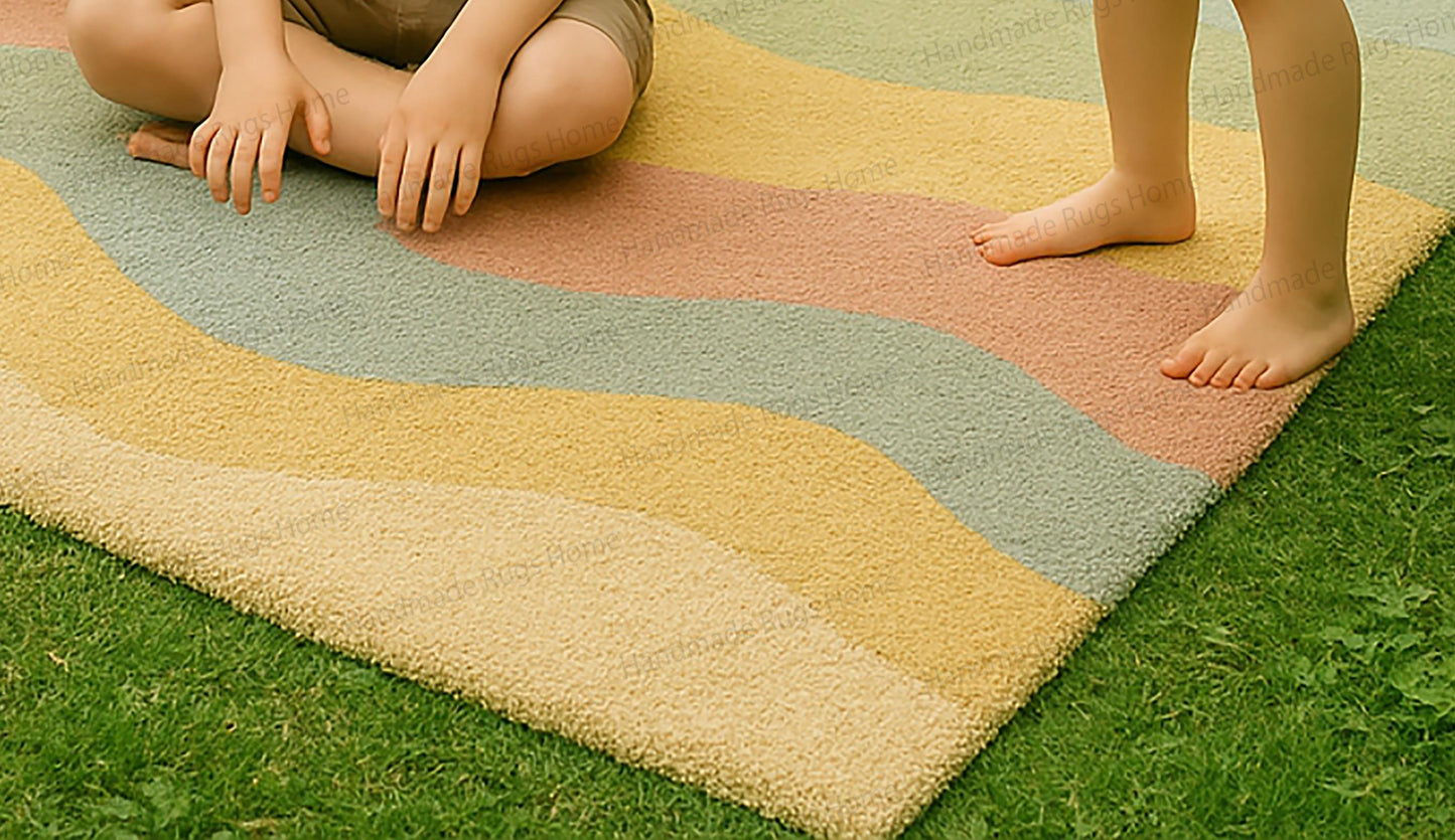 Modern backyard scene with a soft woolen rug and family-friendly setup.