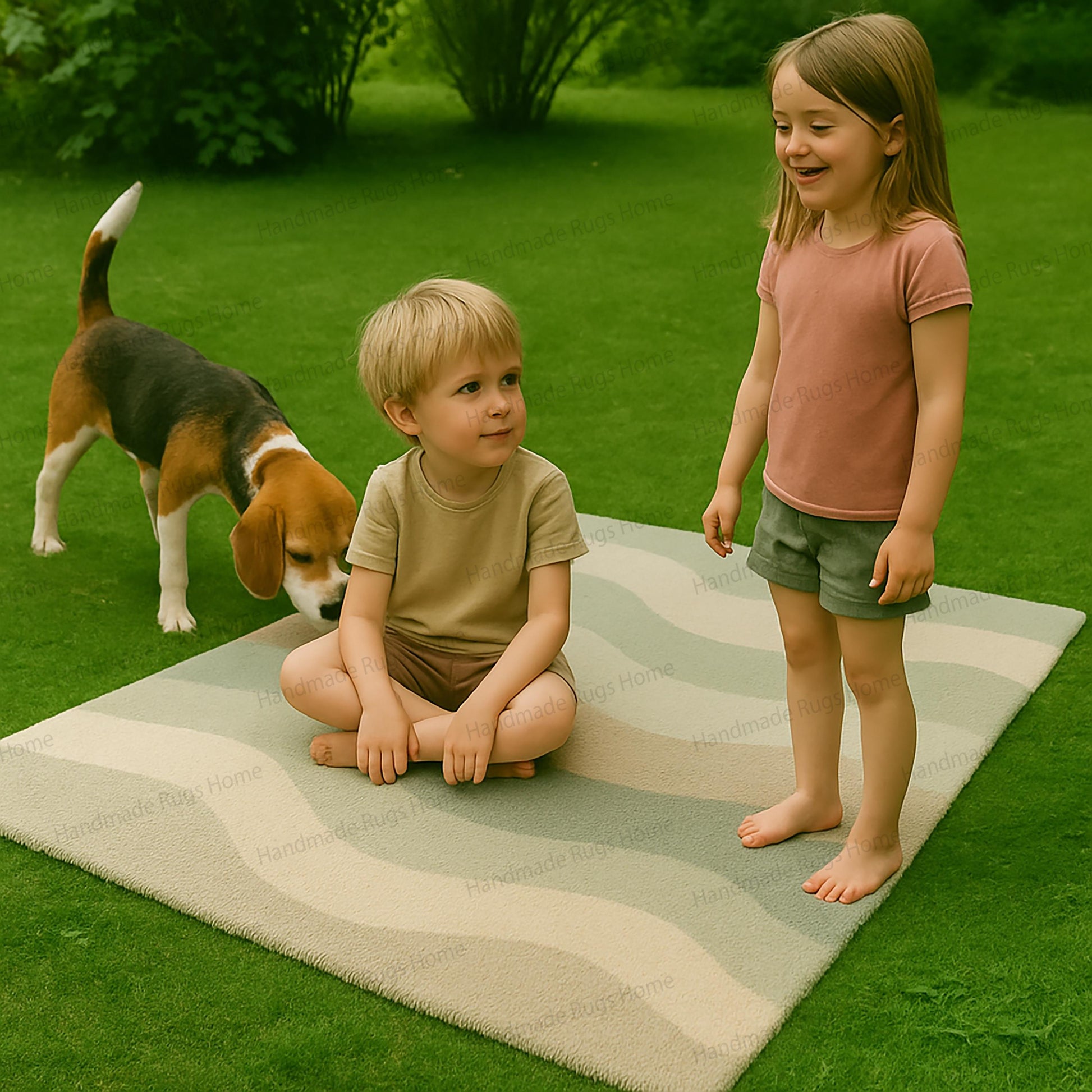 Modern hand-tufted rug in soft tones used for outdoor family relaxation.