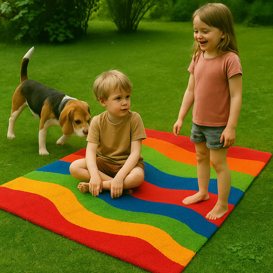 Playful moment on a pastel woolen rug with kids and a dog in a garden.