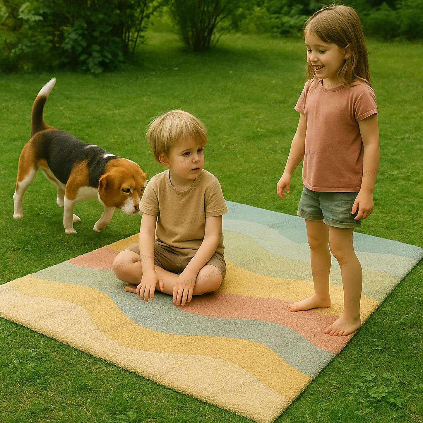 Wavy pattern wool rug on grass with happy kids and a beagle sitting on it.