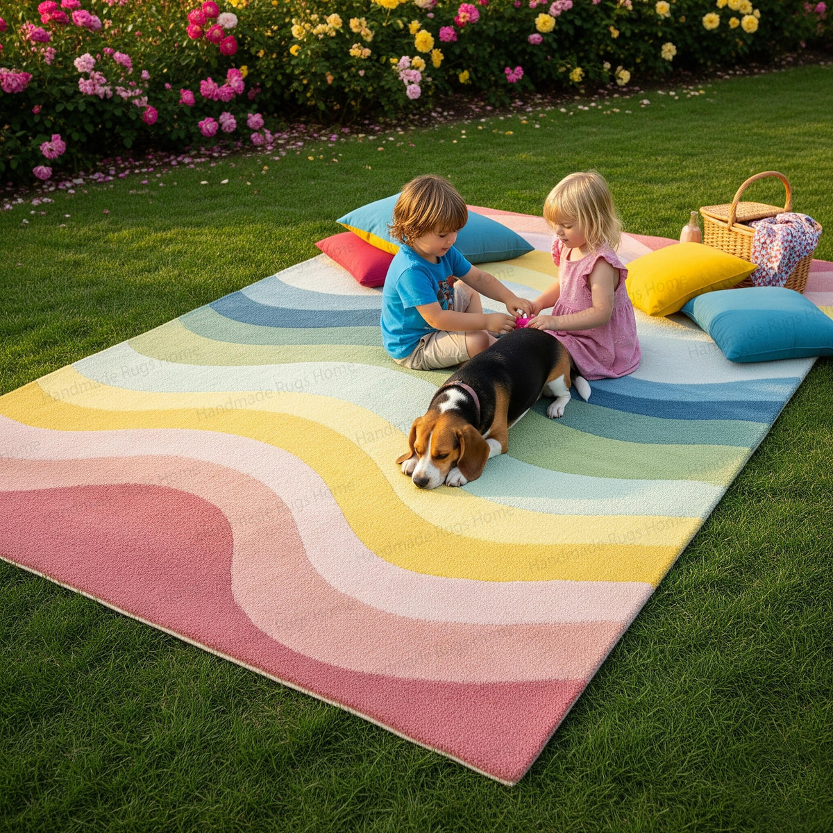 Hand-Tufted Wool Rug: Soft Pastel Gradient, Modern Wave Design
