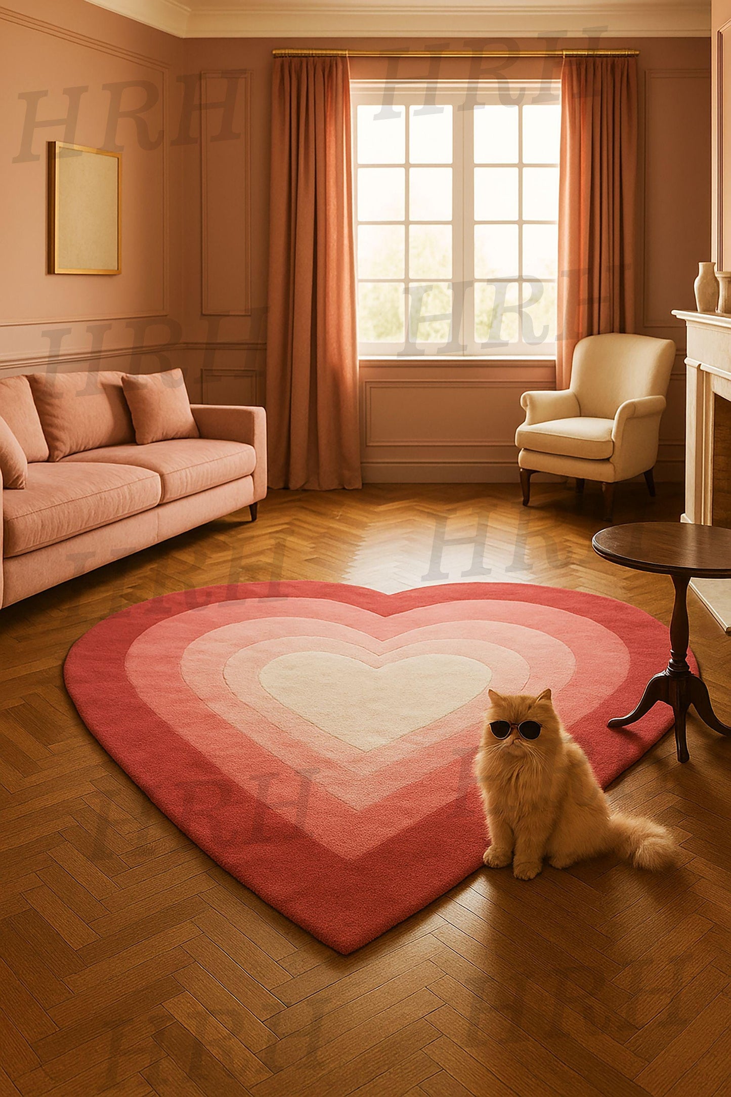 Hand-tufted heart-shaped rug in soft pink and red gradient tones, placed in a warm, peach-toned living room with sunlight streaming through the window and a fluffy orange cat wearing sunglasses.