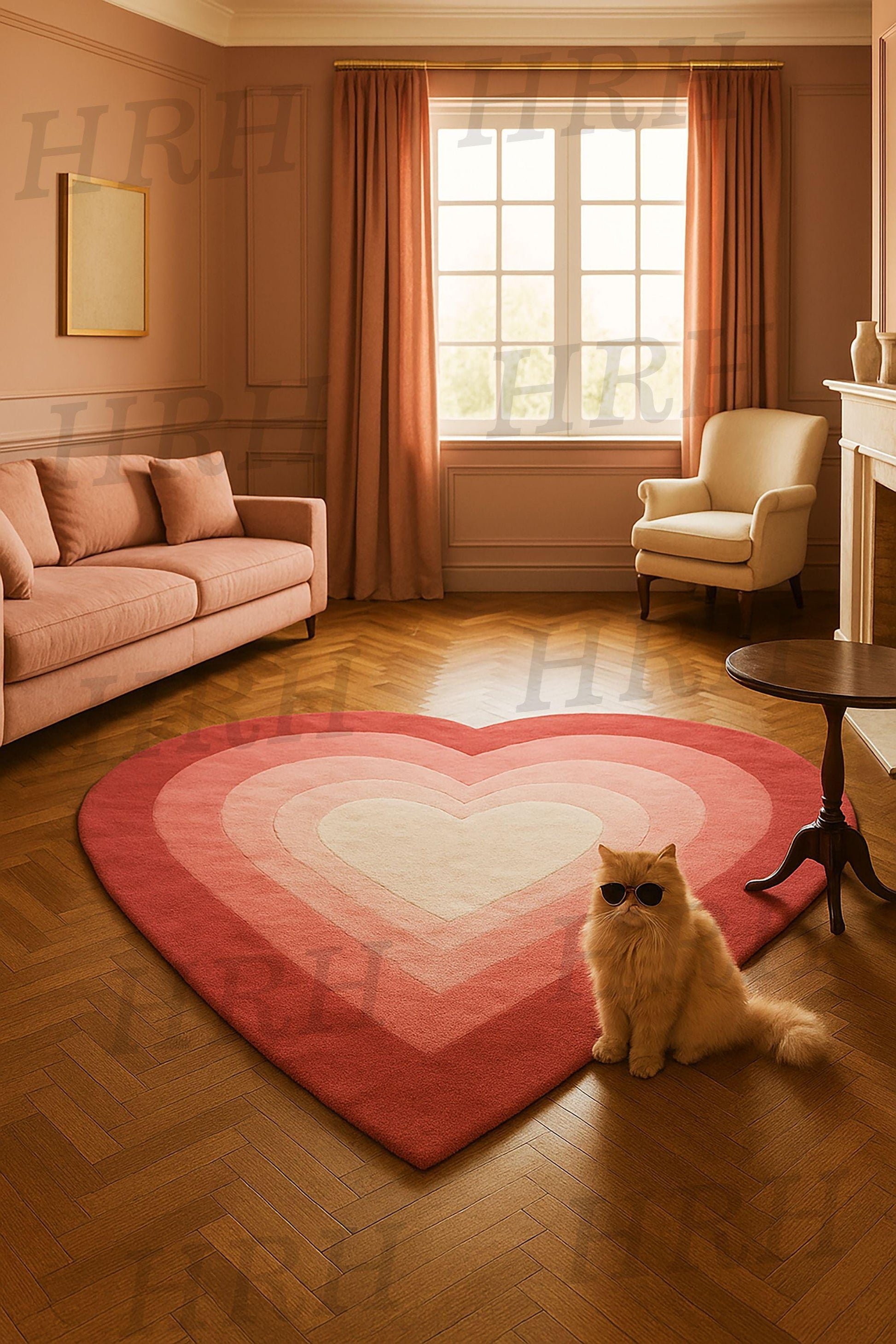 Hand-tufted heart-shaped rug in soft pink and red gradient tones, placed in a warm, peach-toned living room with sunlight streaming through the window and a fluffy orange cat wearing sunglasses.
