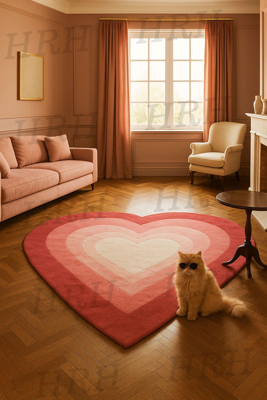 Hand-tufted heart-shaped rug in soft pink and red gradient tones, placed in a warm, peach-toned living room with sunlight streaming through the window and a fluffy orange cat wearing sunglasses.