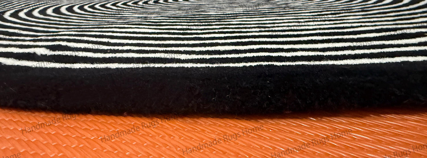 Monochrome Spiral Round Hand-Tufted Wool Rug – Black and White Modern Circle Carpet