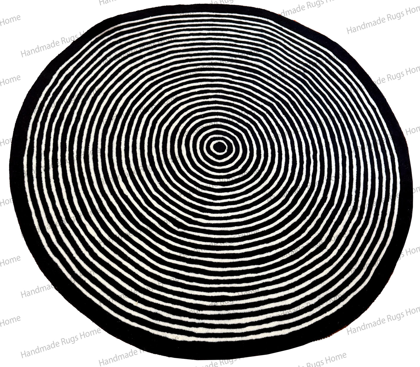 Monochrome Spiral Round Hand-Tufted Wool Rug – Black and White Modern Circle Carpet