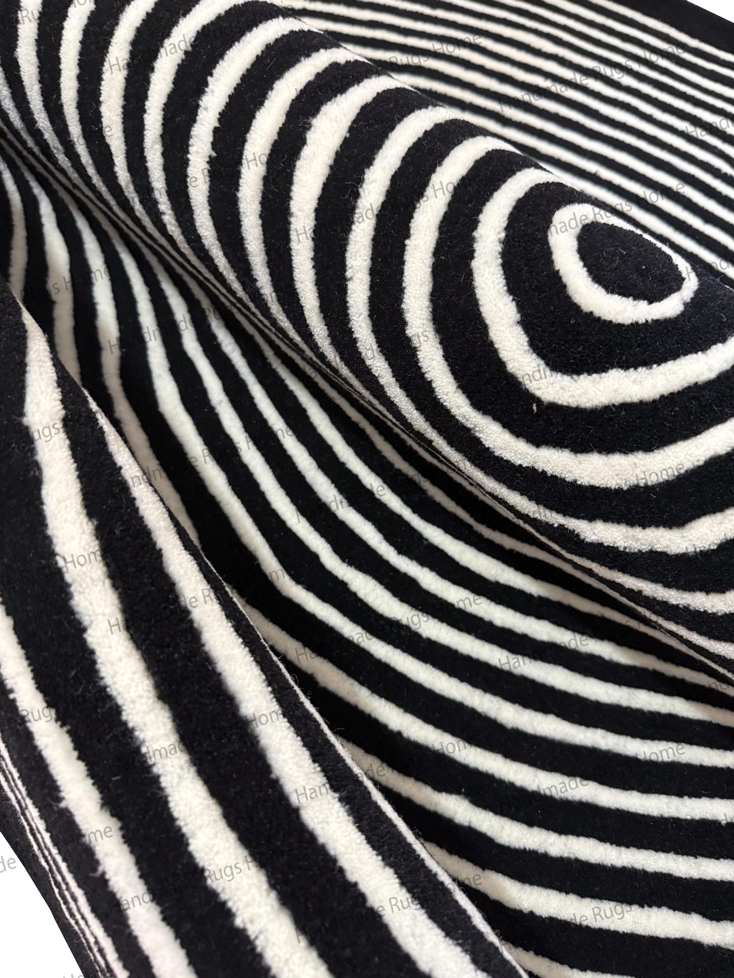 Monochrome Spiral Round Hand-Tufted Wool Rug – Black and White Modern Circle Carpet