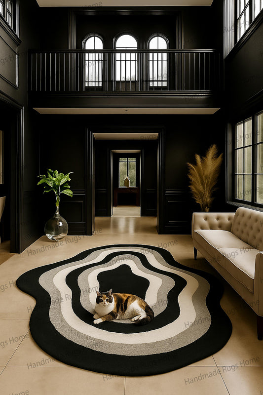 Abstract Wave Wool Rug: Hand-Tufted Modern Black Gray White Carpet