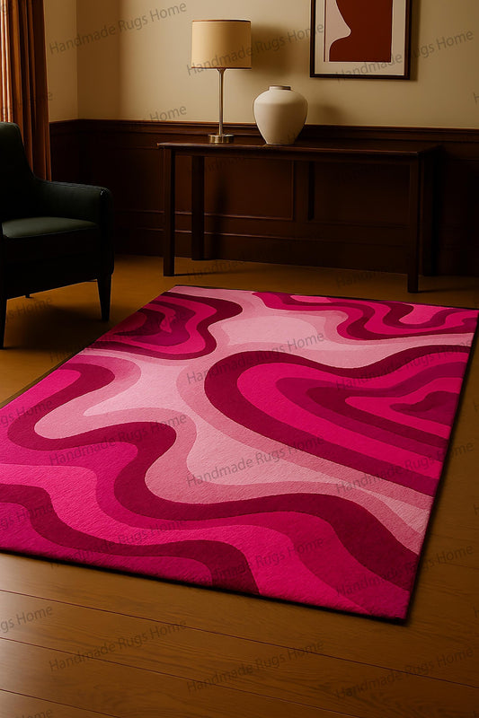 Pink Retro Waves Hand-Tufted Wool Rug – Modern Geometric Carpet