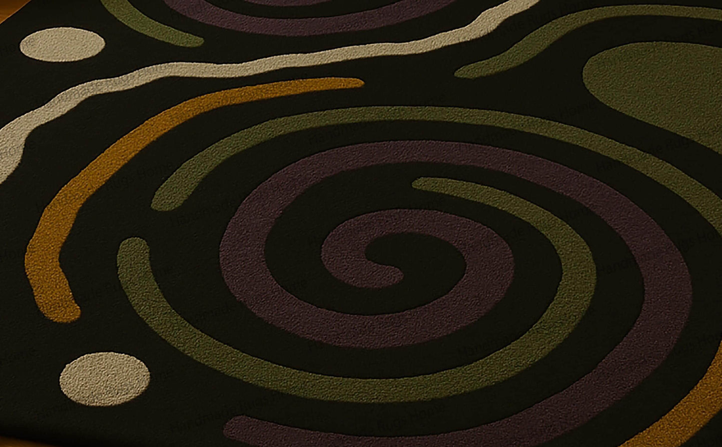 Hand-Tufted Wool Rug: Abstract Purple, Green, Ochre Swirl Design
