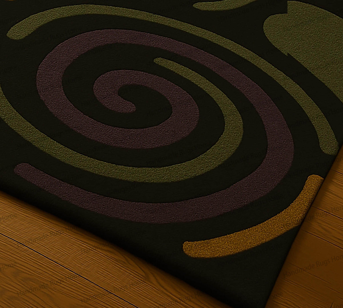 Hand-Tufted Wool Rug: Abstract Purple, Green, Ochre Swirl Design