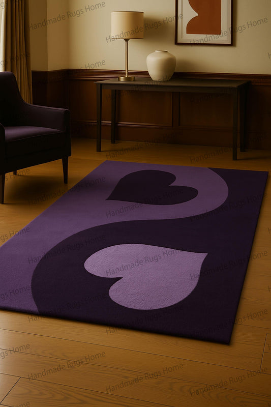 Hand-Tufted Wool Rug: Abstract Swirl Design, Purple Green Ochre Accents