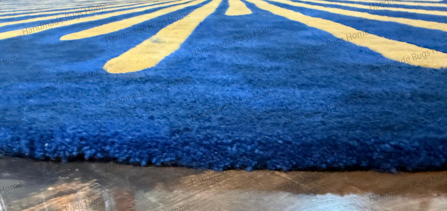 Royal Sunburst Round Hand-Tufted Wool Rug in Navy Blue and Golden Yellow