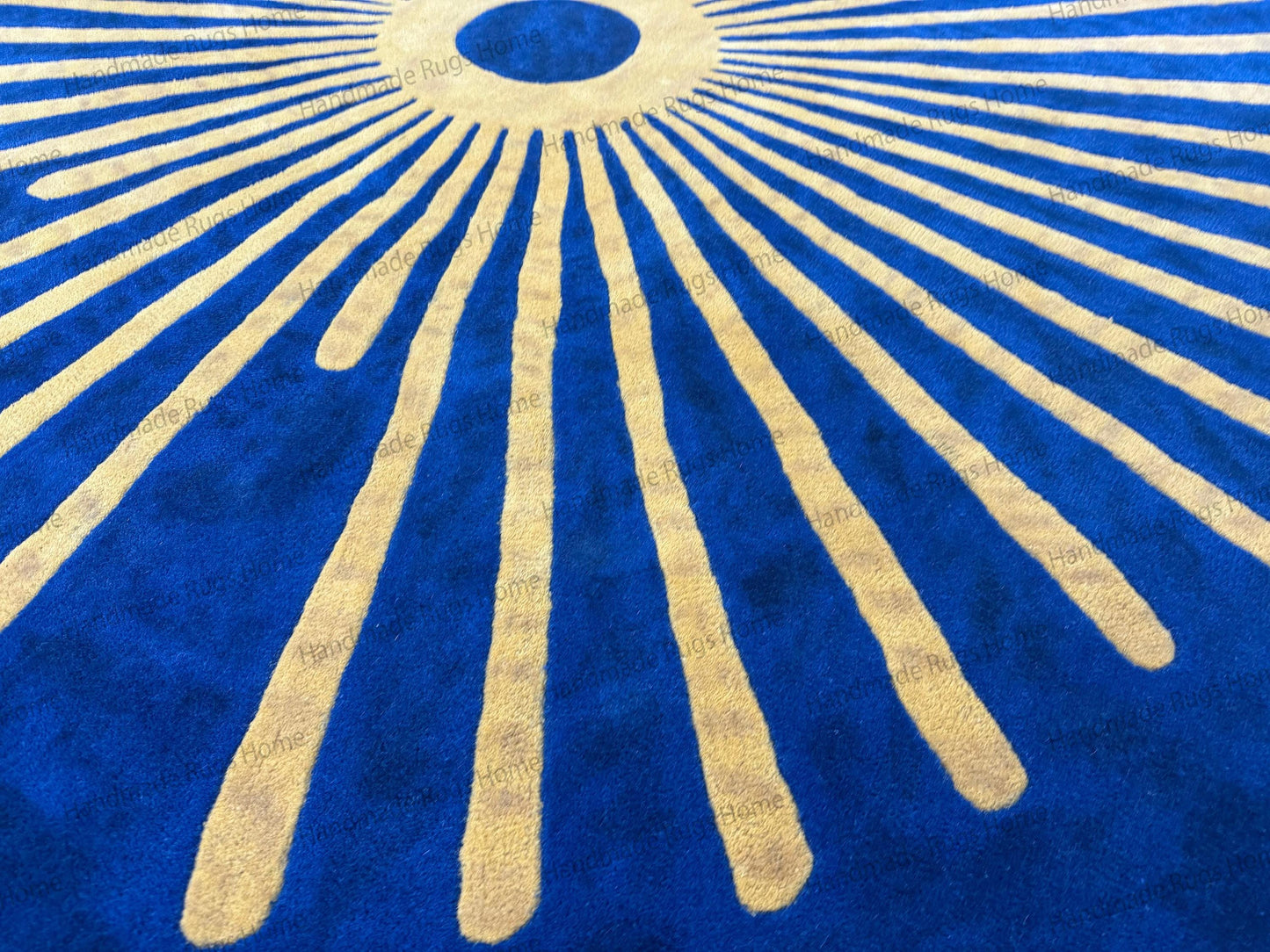 Royal Sunburst Round Hand-Tufted Wool Rug in Navy Blue and Golden Yellow