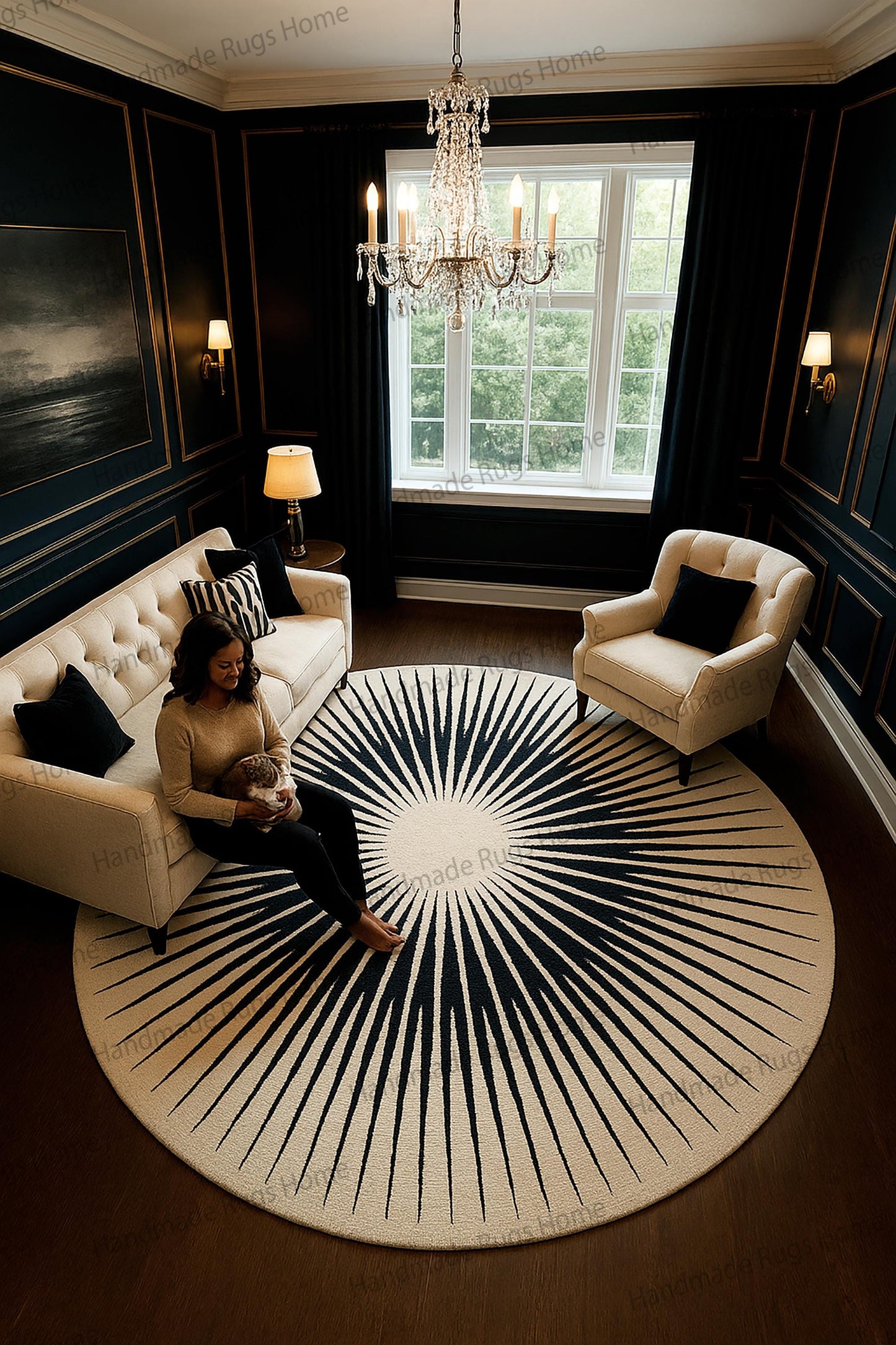 Hand-Tufted Wool Rug, Midnight Sunburst Round (Multiple Sizes)