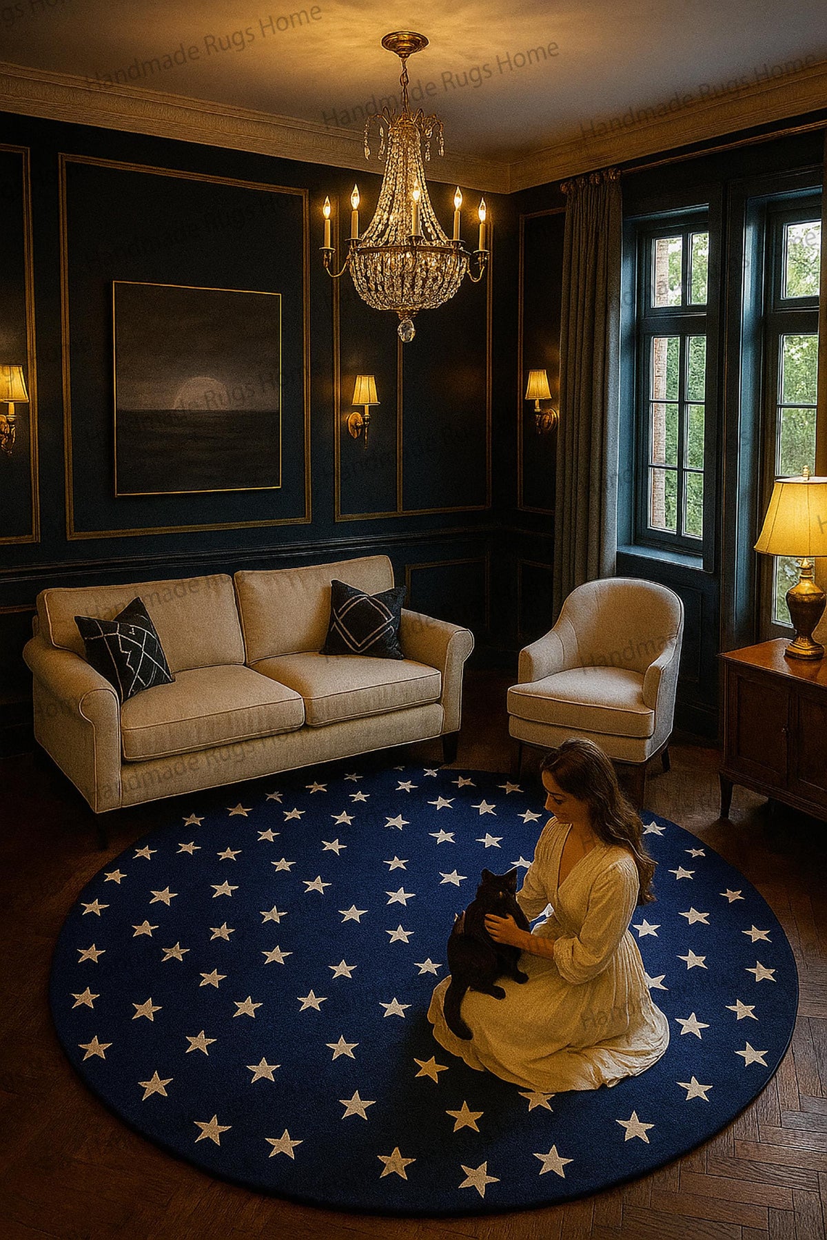 Hand-Tufted Wool Rug: Navy Blue Starburst, Modern Round Carpet