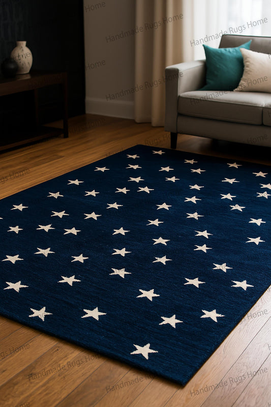 Midnight Starry Sky Hand Tufted Wool Rug – Navy Blue with Ivory Stars