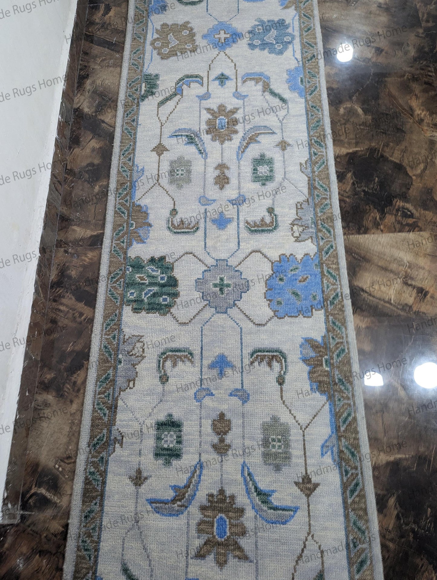 Handmade Oushak Wool Runner Rug: Floral Turkish Design