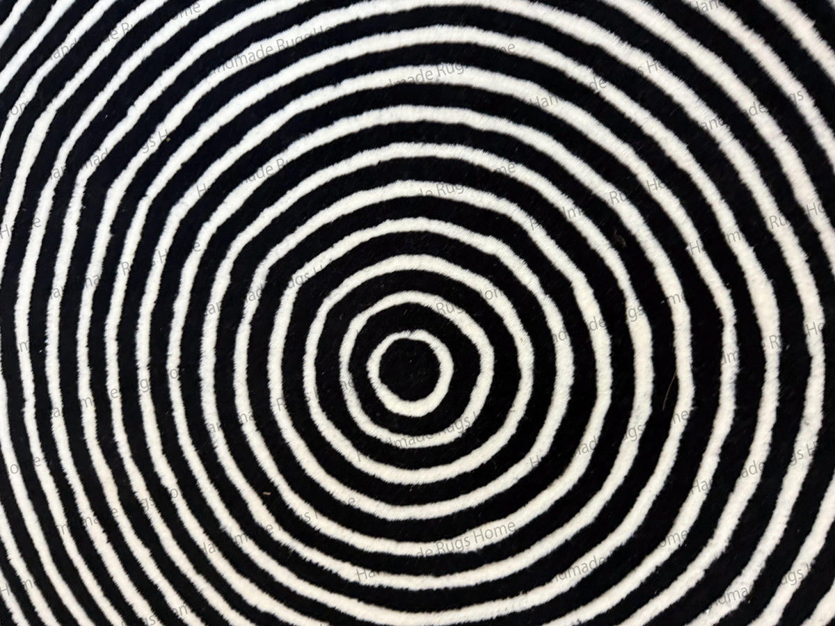 Monochrome Spiral Round Hand-Tufted Wool Rug – Black and White Modern Circle Carpet