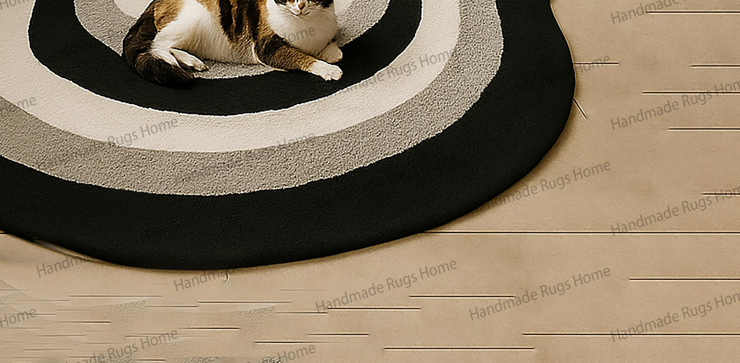 Abstract Wave Wool Rug: Hand-Tufted Modern Black Gray White Carpet