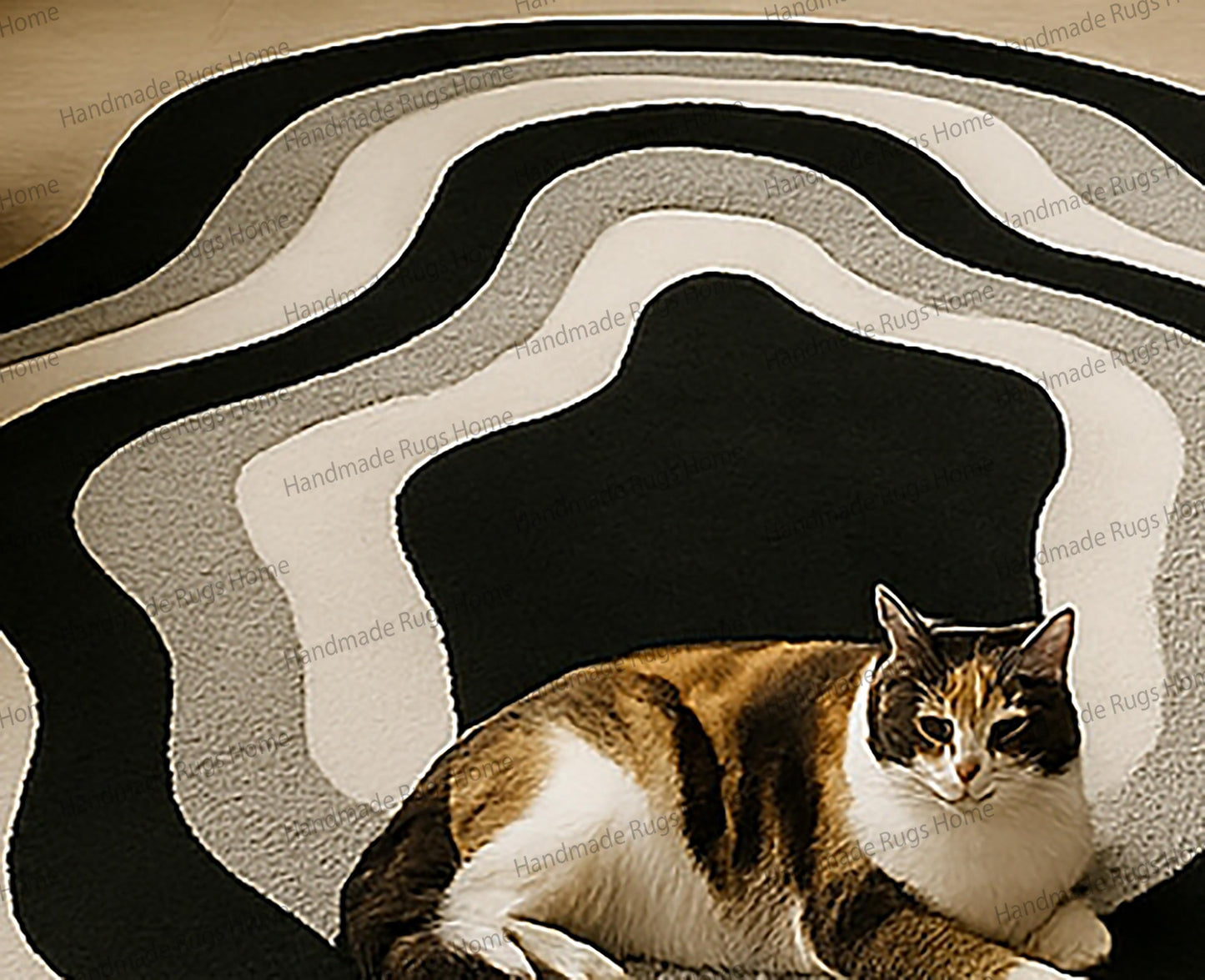 Abstract Wave Wool Rug: Hand-Tufted Modern Black Gray White Carpet