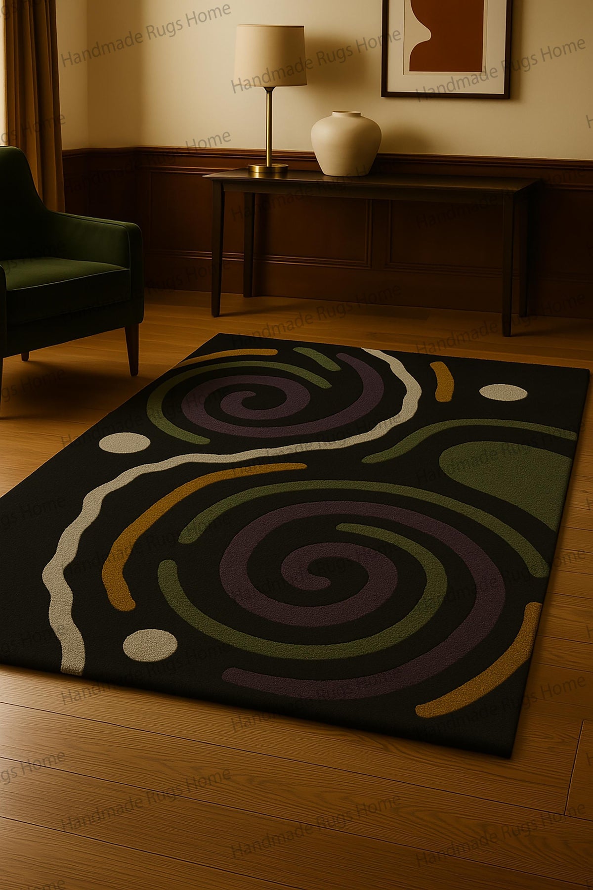 Hand-Tufted Wool Rug: Abstract Purple, Green, Ochre Swirl Design