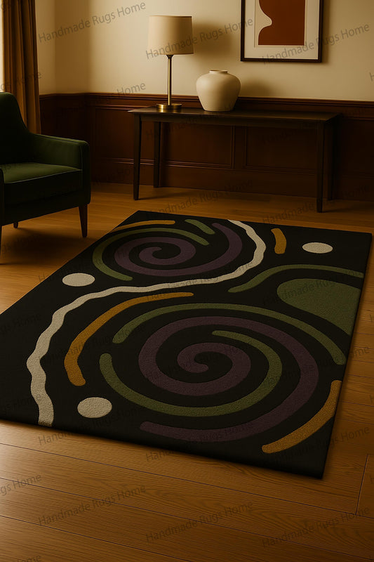 Hand-Tufted Wool Rug: Abstract Purple, Green, Ochre Swirl Design