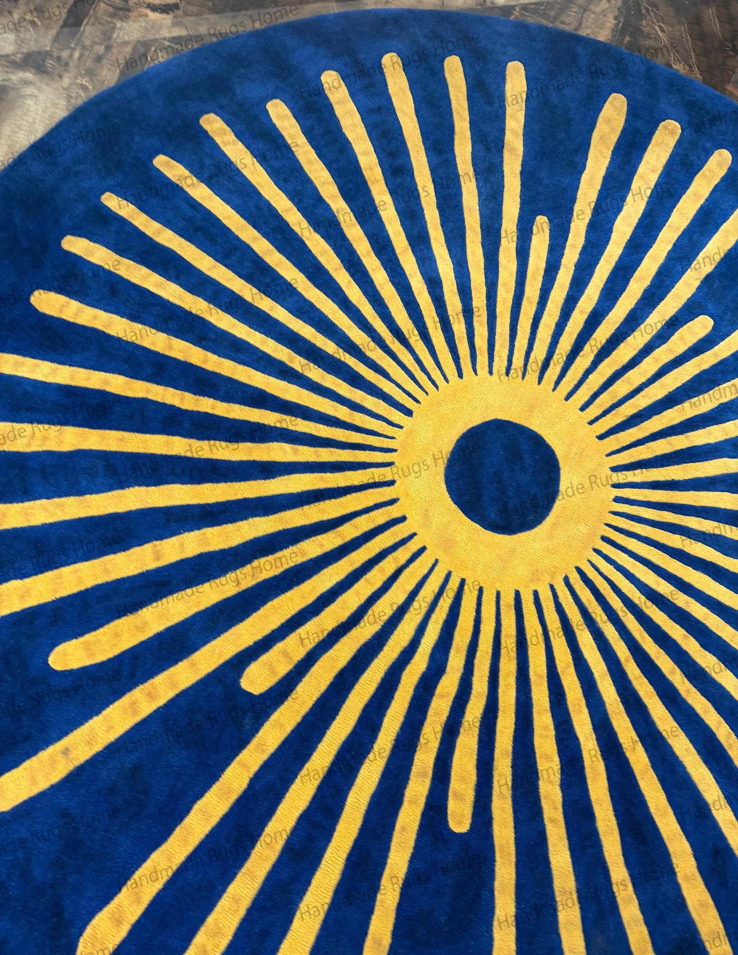 Royal Sunburst Round Hand-Tufted Wool Rug in Navy Blue and Golden Yellow