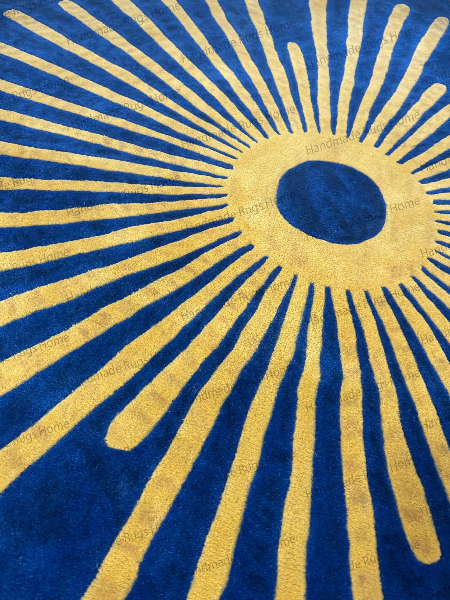 Royal Sunburst Round Hand-Tufted Wool Rug in Navy Blue and Golden Yellow