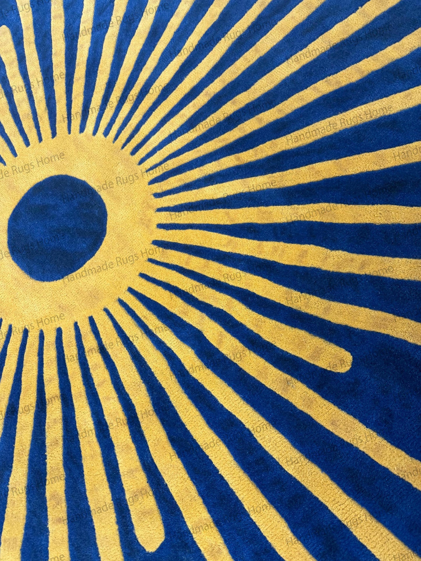 Royal Sunburst Round Hand-Tufted Wool Rug in Navy Blue and Golden Yellow
