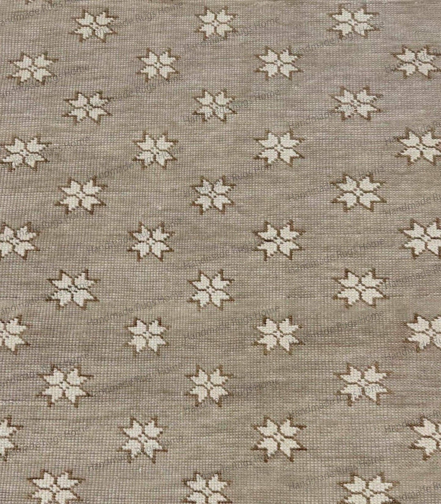 Modern Scandinavian-style floor rug with a beige backdrop and decorative floral/star accents.