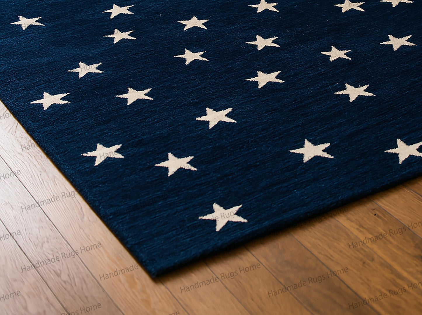 Midnight Starry Sky Hand Tufted Wool Rug – Navy Blue with Ivory Stars