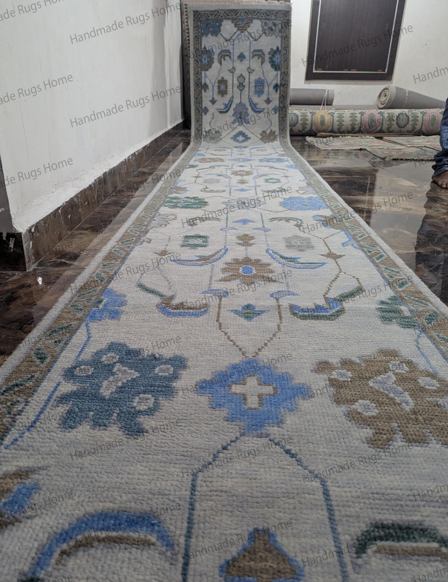 Handmade Oushak Wool Runner Rug: Floral Turkish Design