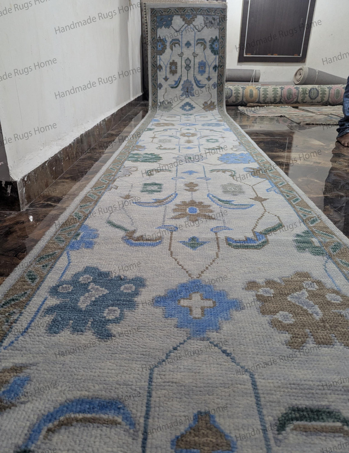 Handmade Oushak Wool Runner Rug: Floral Turkish Design