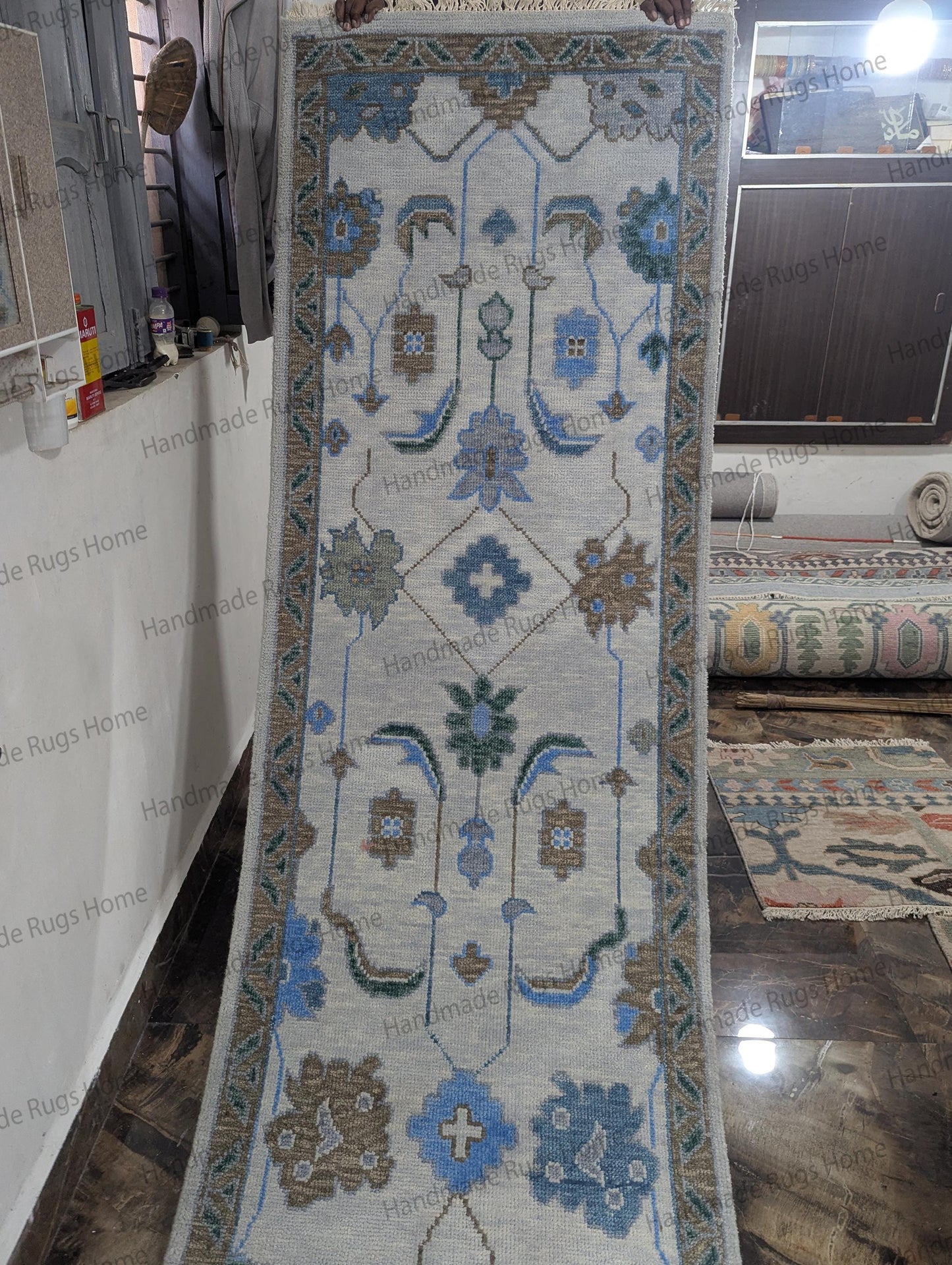 Handmade Oushak Wool Runner Rug: Floral Turkish Design