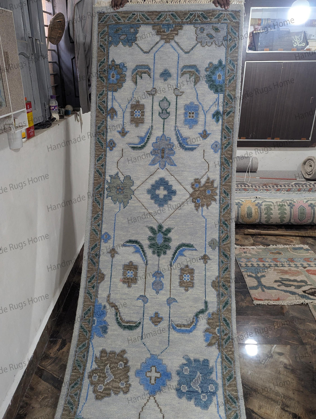 Handmade Oushak Wool Runner Rug: Floral Turkish Design