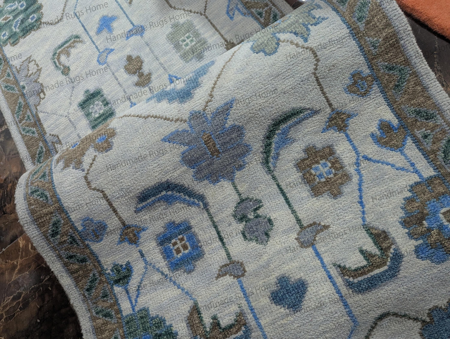 Handmade Oushak Wool Runner Rug: Floral Turkish Design