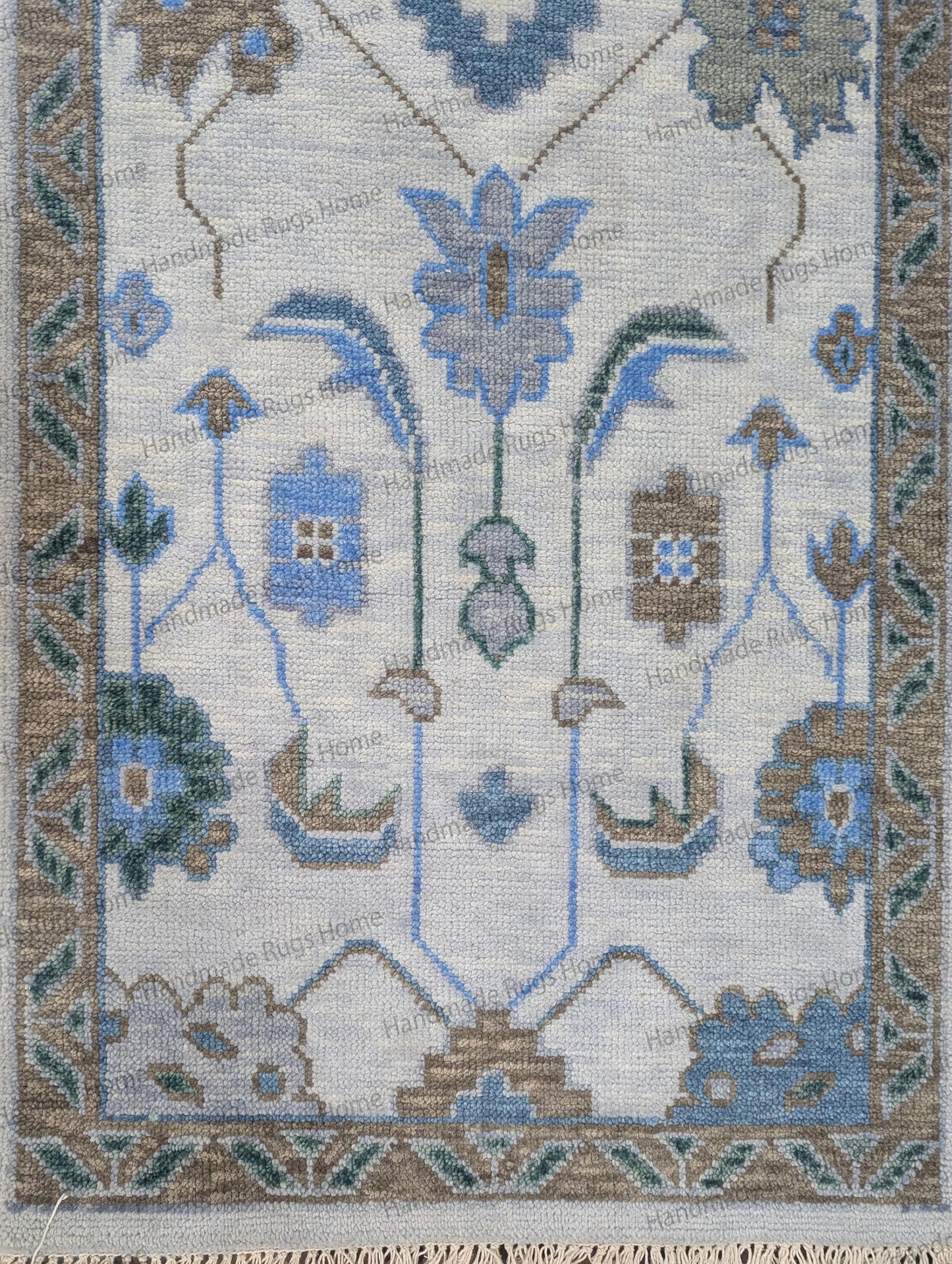 Handmade Oushak Wool Runner Rug: Floral Turkish Design