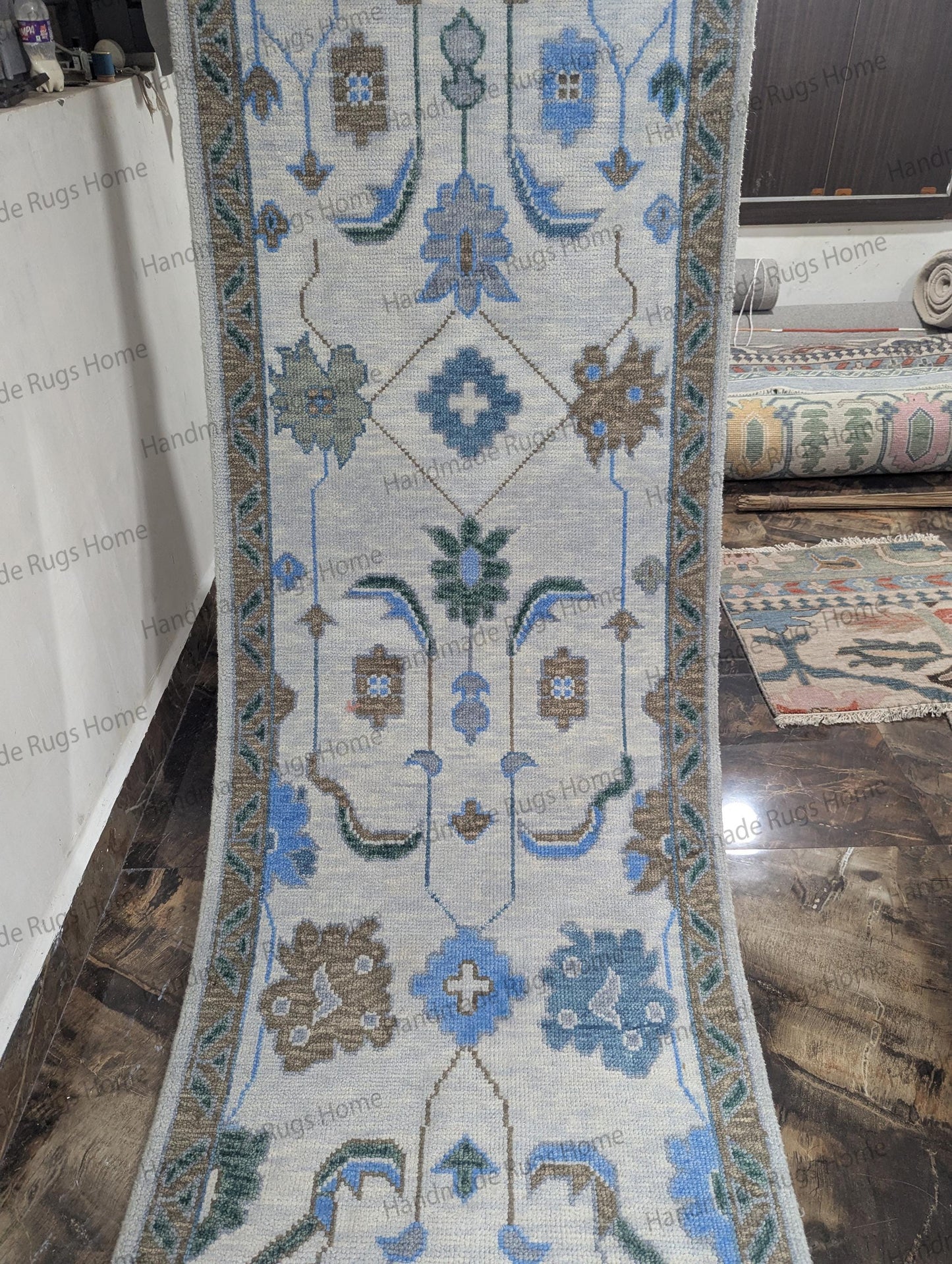 Handmade Oushak Wool Runner Rug: Floral Turkish Design