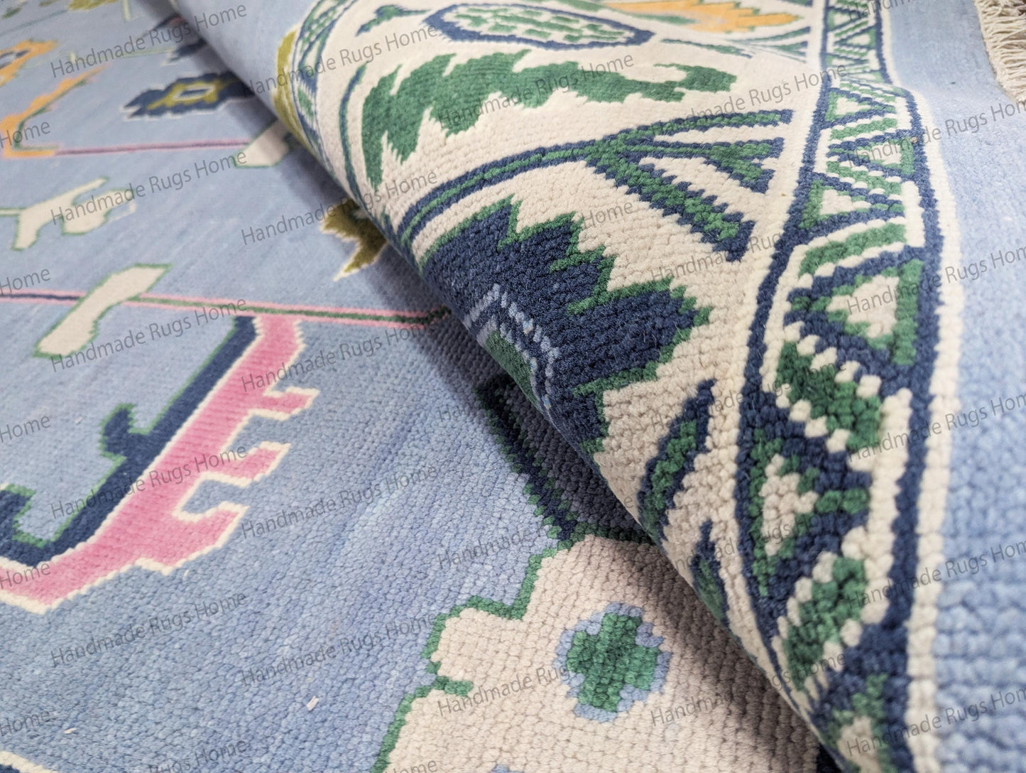 Hand Knotted Oushak Wool Rug: Sky Blue & Green Turkish Style